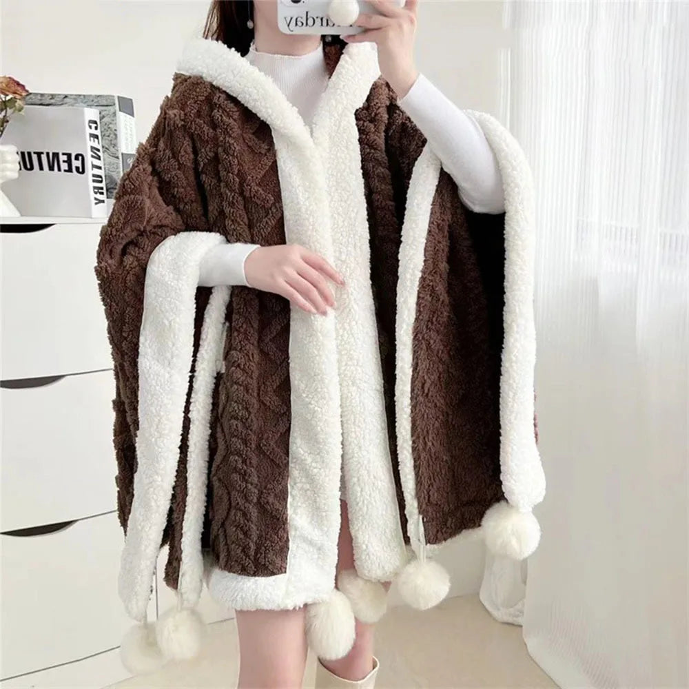 Cozy Hooded Fleece Cape β Warm Winter Poncho Blanket with Pom Balls
