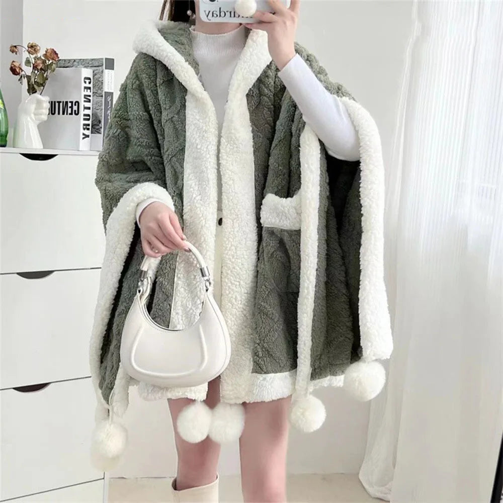 Cozy Hooded Fleece Cape β Warm Winter Poncho Blanket with Pom Balls