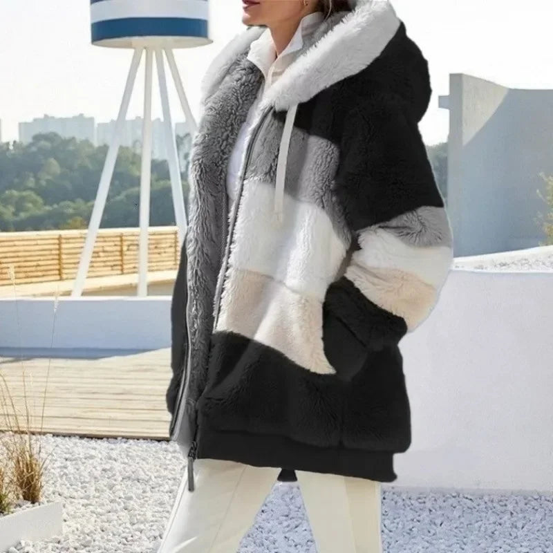Women’s Fuzzy Fleece Hooded Jacket – Color Block Patchwork Winter Coat with Pockets