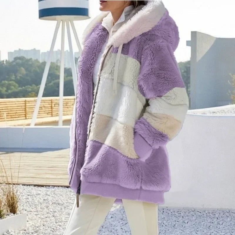 Women’s Fuzzy Fleece Hooded Jacket – Color Block Patchwork Winter Coat with Pockets