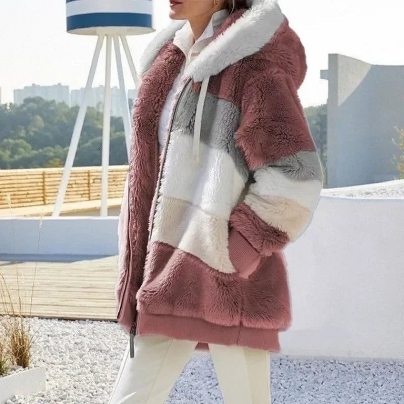 Women’s Fuzzy Fleece Hooded Jacket – Color Block Patchwork Winter Coat with Pockets