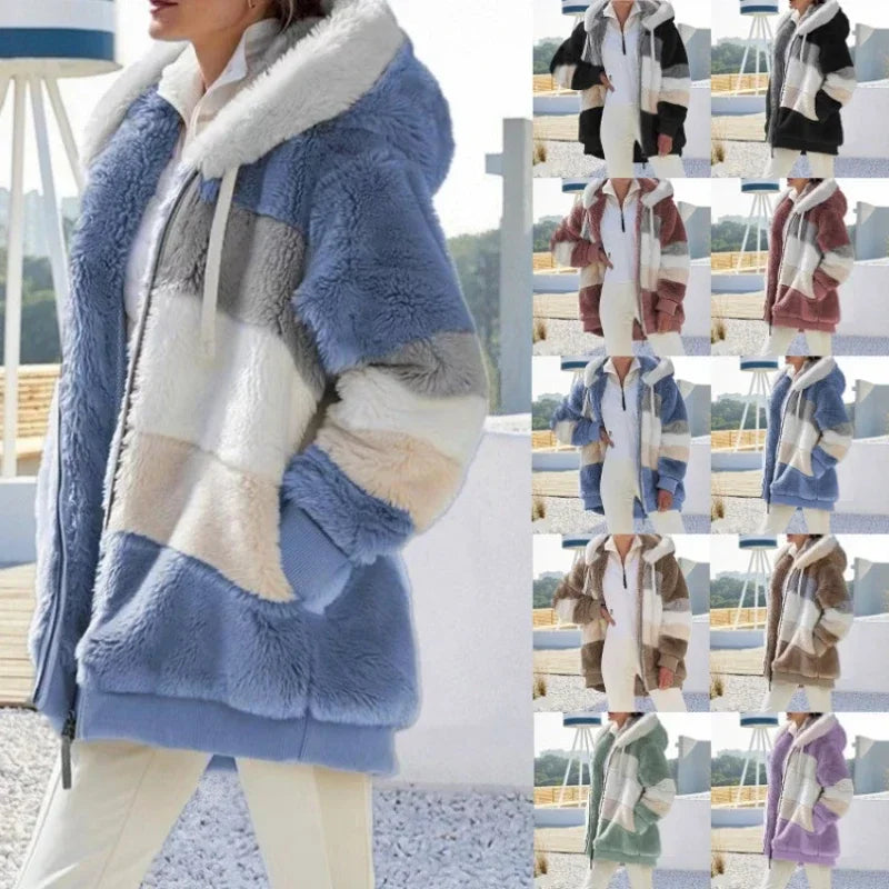 Women’s Fuzzy Fleece Hooded Jacket – Color Block Patchwork Winter Coat with Pockets