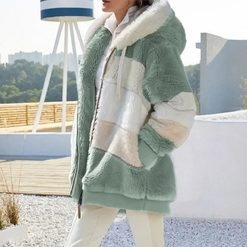 Women’s Fuzzy Fleece Hooded Jacket – Color Block Patchwork Winter Coat with Pockets