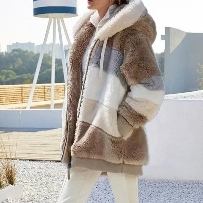 Women’s Fuzzy Fleece Hooded Jacket – Color Block Patchwork Winter Coat with Pockets